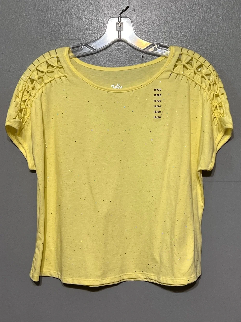 Justice Girls Yellow Glitter Sparkle Top Cutout Shoulder Cropped Tee 18/20 Y2K